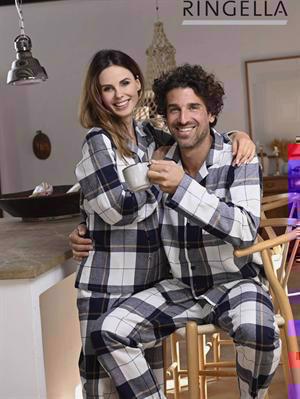 Flannel Herre Pyjamas Marine & Hvid